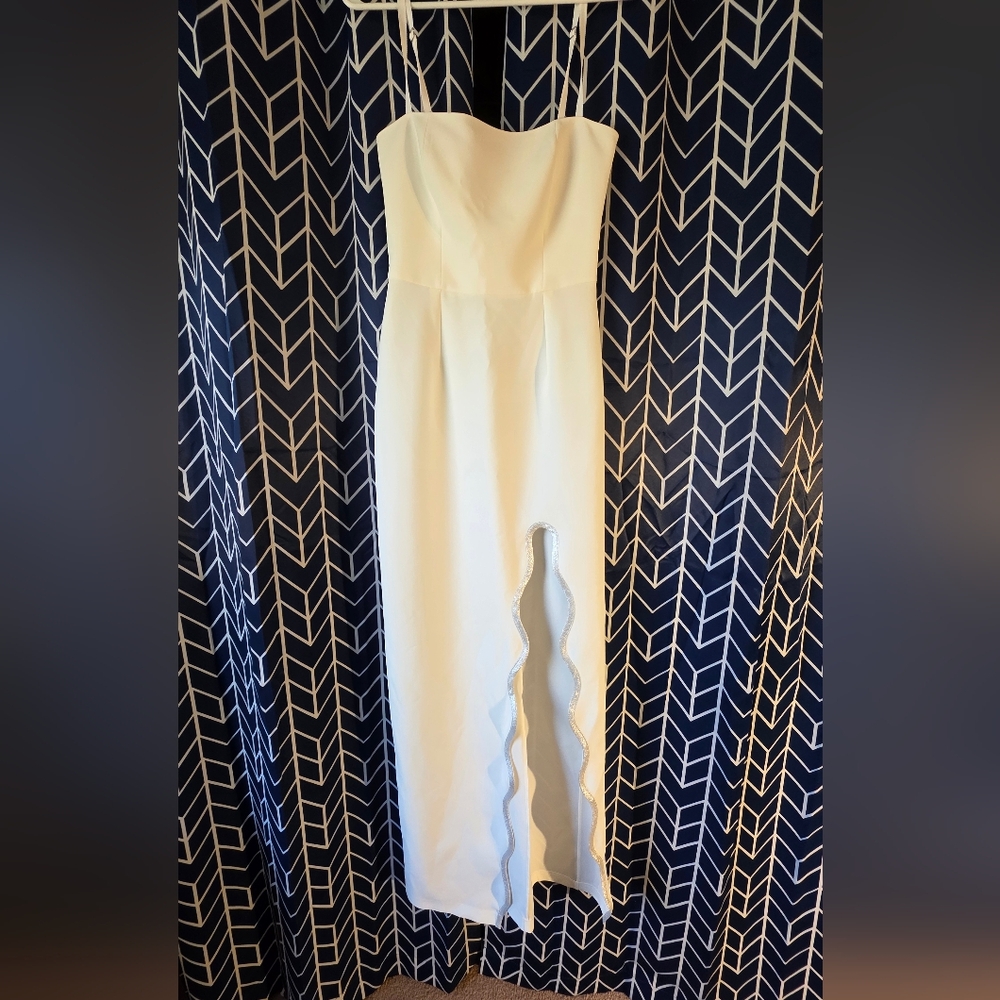 Strapless White Maxi Dress with Scalloped Front Slit Detail